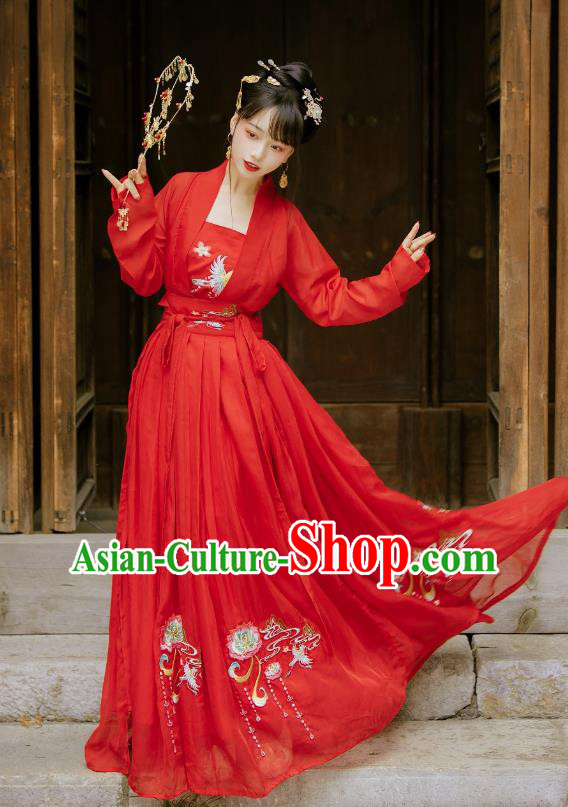 China Ancient Wedding Hanfu Garment Traditional Song Dynasty Princess Embroidered Red Dress Clothing