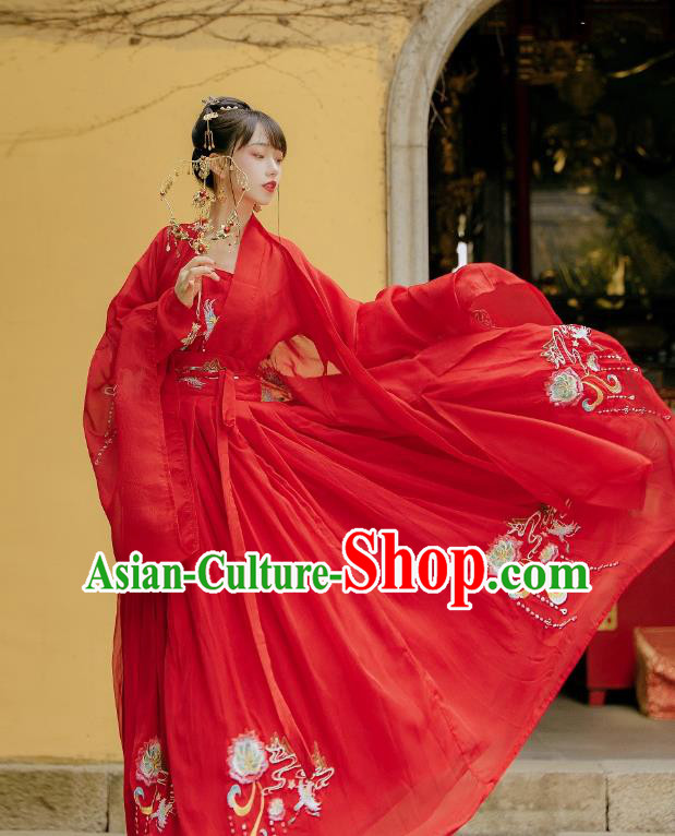 China Ancient Wedding Hanfu Garment Traditional Song Dynasty Princess Embroidered Red Dress Clothing