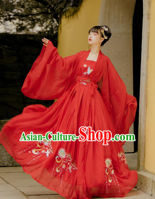 China Ancient Wedding Hanfu Garment Traditional Song Dynasty Princess Embroidered Red Dress Clothing