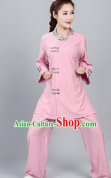 China Martial Arts Competition Pink Flax Uniforms Traditional Women Tai Chi Training Clothing