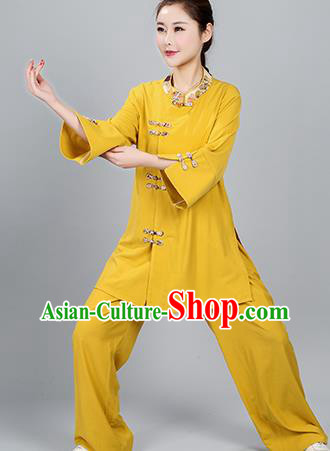 China Traditional Women Tai Chi Training Clothing Martial Arts Competition Yellow Flax Uniforms