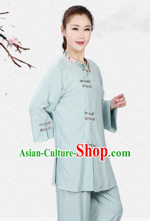 China Traditional Women Kung Fu Costumes Martial Arts Competition Light Green Flax Uniforms Tai Chi Training Clothing
