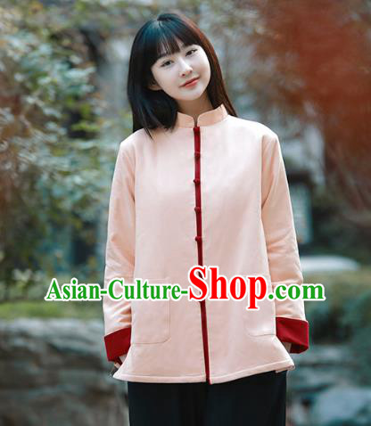 China Woman Tang Suit Pink Cotton Padded Jacket Traditional Tai Chi Flax Clothing
