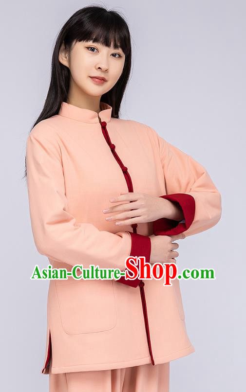 China Woman Tang Suit Pink Cotton Padded Jacket Traditional Tai Chi Flax Clothing
