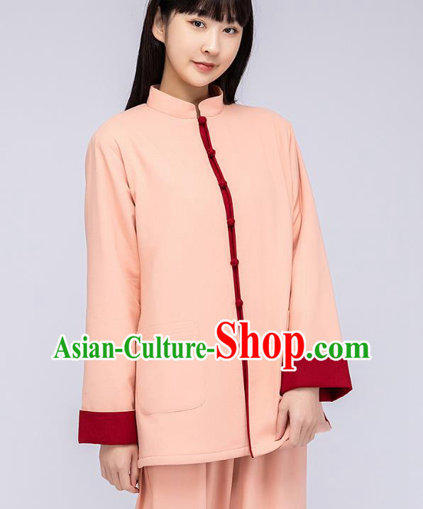China Woman Tang Suit Pink Cotton Padded Jacket Traditional Tai Chi Flax Clothing