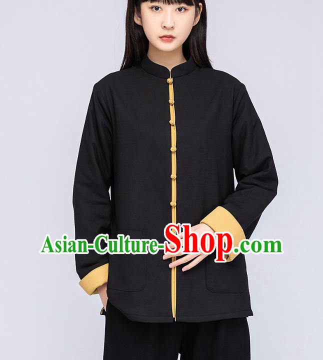China Traditional Tai Chi Flax Winter Clothing Woman Tang Suit Black Cotton Padded Jacket
