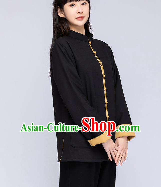 China Traditional Tai Chi Flax Winter Clothing Woman Tang Suit Black Cotton Padded Jacket