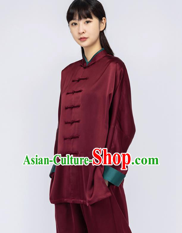 China Woman Martial Arts Dark Red Silk Uniforms Traditional Tai Chi Training Clothing