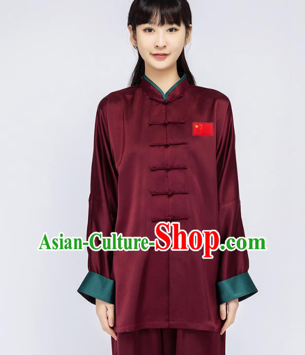 China Woman Martial Arts Dark Red Silk Uniforms Traditional Tai Chi Training Clothing