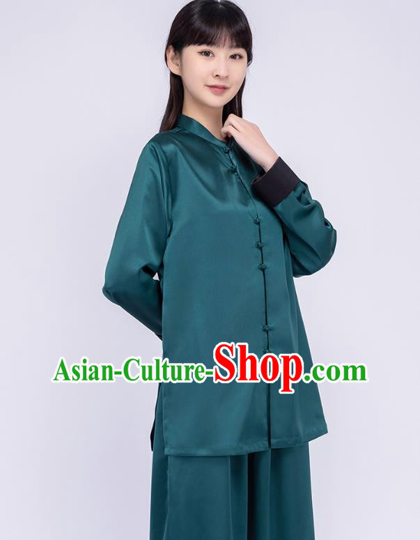 China Woman Martial Arts Competition Atrovirens Silk Uniforms Traditional Tang Suit Costumes