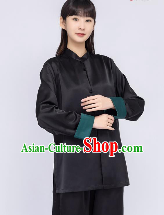 China Traditional Tang Suit Costumes Woman Martial Arts Competition Black Silk Uniforms