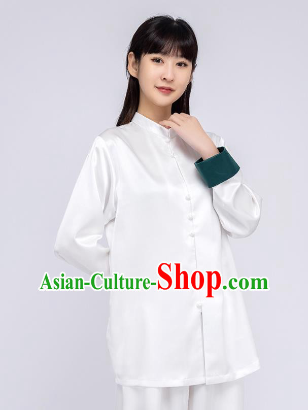 China Woman Kung Fu White Silk Uniforms Traditional Tang Suit Costumes Shirt and Pants