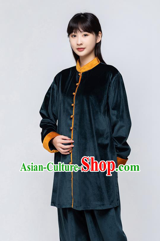 China Woman Tai Chi Training Navy Pleuche Uniforms Traditional Kung Fu Costumes Martial Arts Competition Clothing
