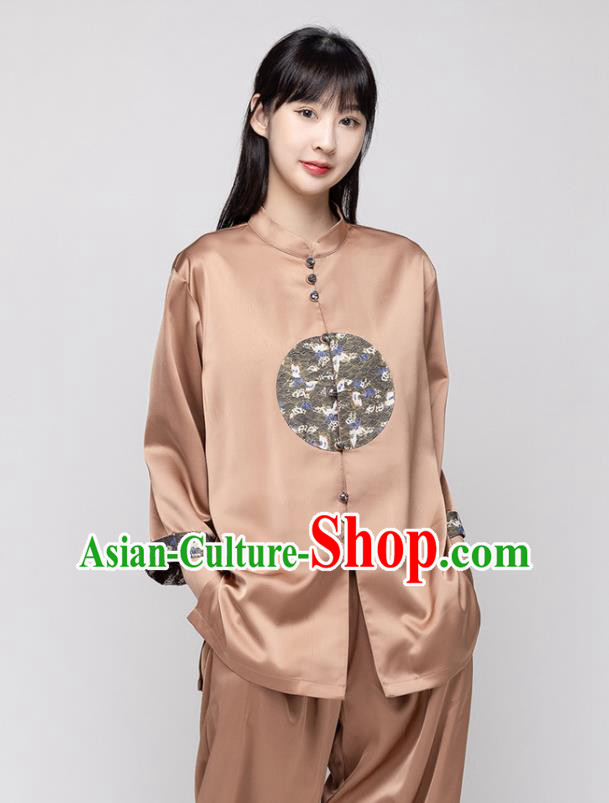 China Kung Fu Clothing Woman Tai Ji Performance Brown Silk Uniforms Traditional Martial Arts Costumes