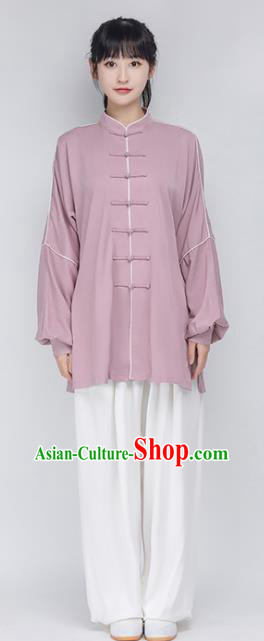 China Traditional Kung Fu Performance Costumes Woman Tai Chi Training Uniforms Lilac Shirt and White Pants