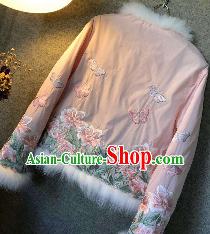 China Traditional Tang Suit Outer Garment Winter Woman Embroidered Pink Cotton Padded Jacket