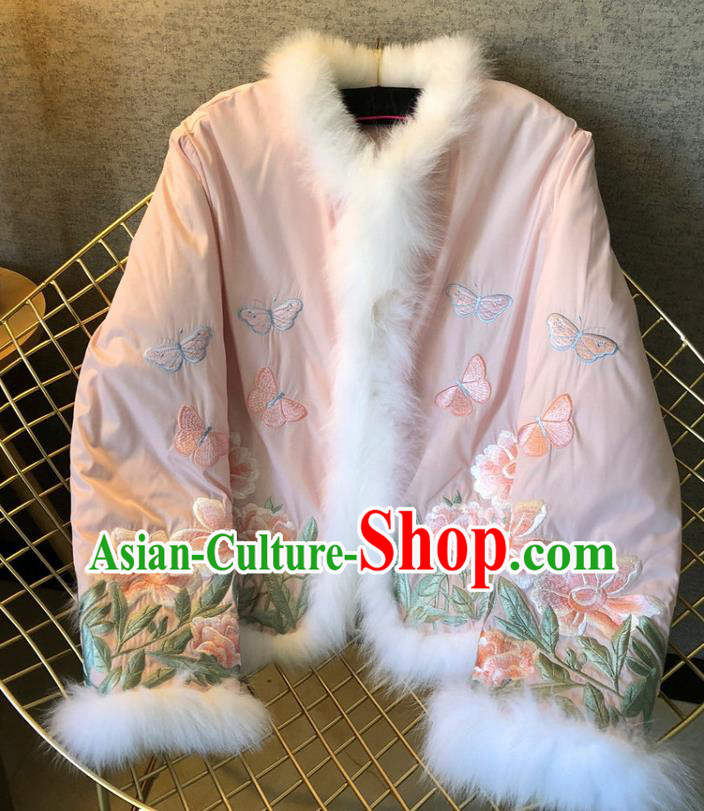 China Traditional Tang Suit Outer Garment Winter Woman Embroidered Pink Cotton Padded Jacket