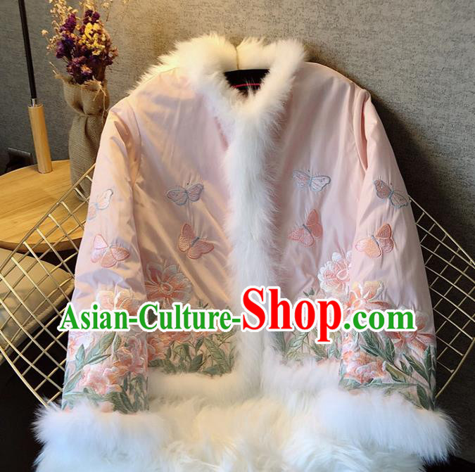 China Traditional Tang Suit Outer Garment Winter Woman Embroidered Pink Cotton Padded Jacket