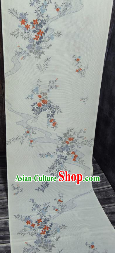 Asian Japan White Brocade Tapestry Traditional Japanese Kimono Chrysanthemum Pattern Silk Fabric