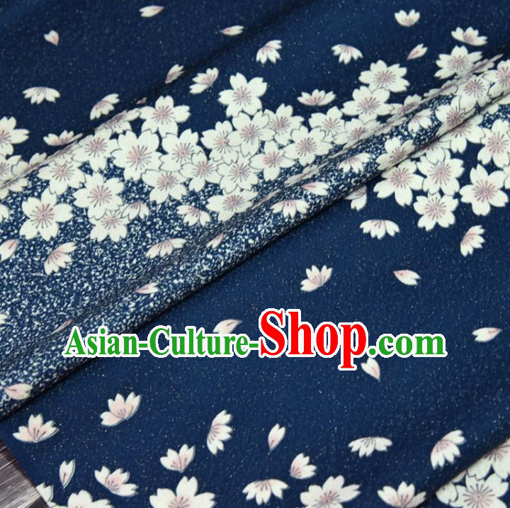 Asian Japan Sakura Pattern Brocade Tapestry Traditional Japanese Kimono Navy Silk Fabric