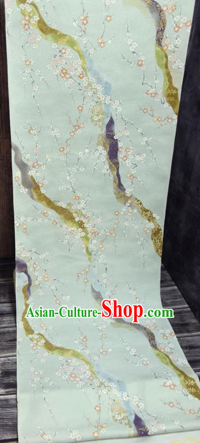 Asian Japan Plum Blossom Pattern Brocade Tapestry Traditional Japanese Kimono Light Green Silk Fabric