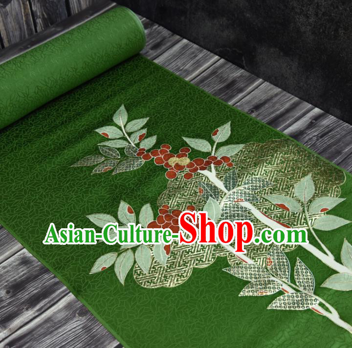 Japanese Kimono Green Silk Fabric Gold Blocking Leaf Pattern Qipao Dress Cloth