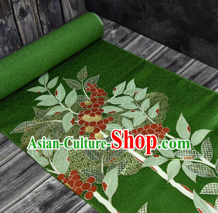 Japanese Kimono Green Silk Fabric Gold Blocking Leaf Pattern Qipao Dress Cloth