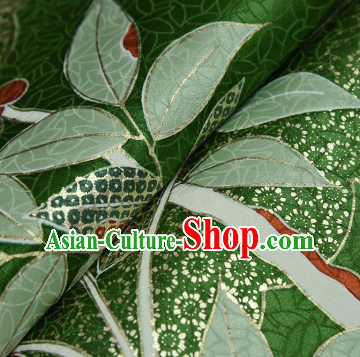 Japanese Kimono Green Silk Fabric Gold Blocking Leaf Pattern Qipao Dress Cloth