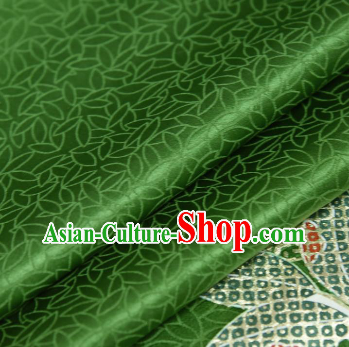 Japanese Kimono Green Silk Fabric Gold Blocking Leaf Pattern Qipao Dress Cloth