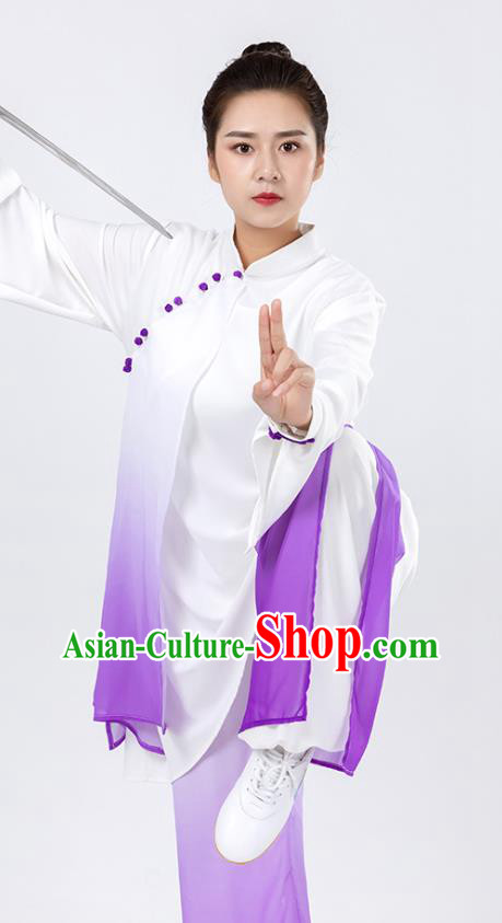 China Traditional Kung Fu Wushu Clothing Woman Tai Chi Competition Purple Chiffon Uniforms