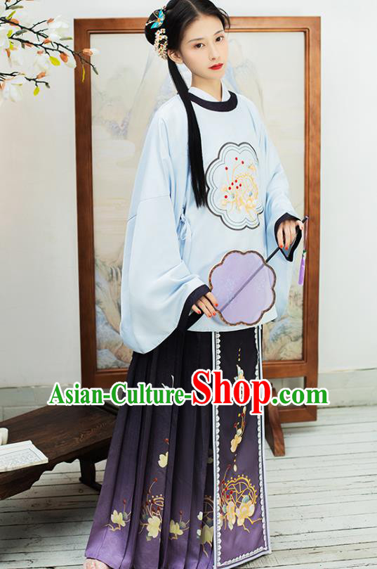 China Traditional Ming Dynasty Civilian Lady Costumes Ancient Country Girl Hanfu Dress Complete Set