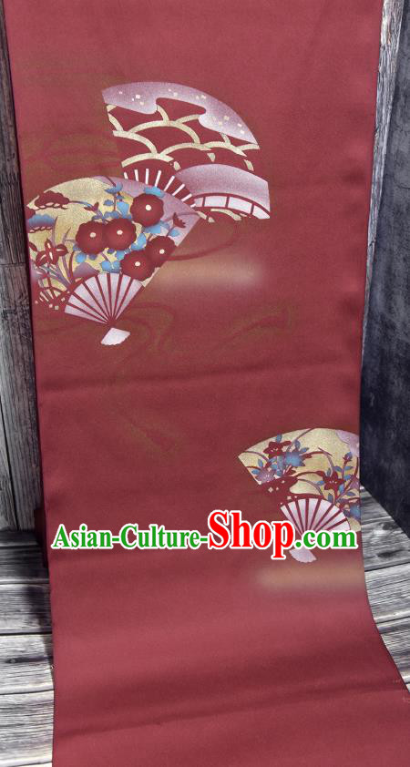 Traditional Japanese Fan Pattern Pure Silk Fabric Asian Japan Kimono Wine Red Brocade Material