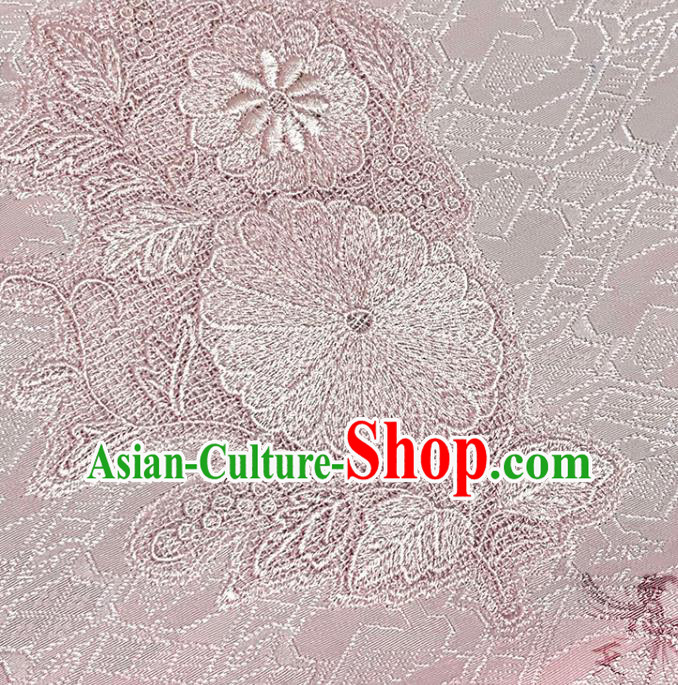 Traditional Japanese Pure Silk Fabric Asian Japan Kimono Embroidered Pattern Pink Brocade Material