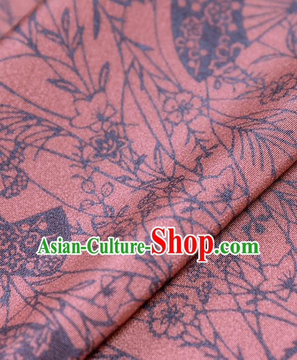 Asian Japan Kimono Brocade Fabric Traditional Hanfu Dress Classical Fan Pattern Dark Pink Silk