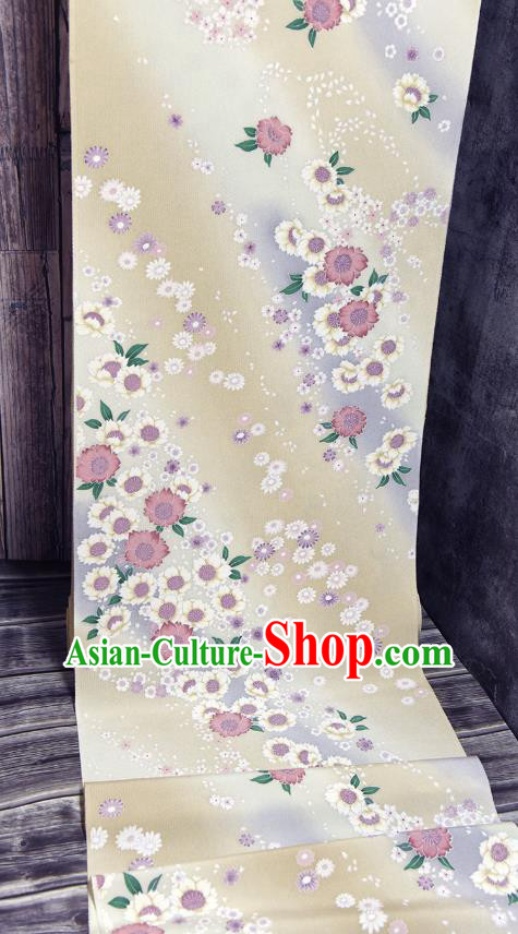 Asian Japan Kimono Classical Daisy Pattern Brocade Fabric Traditional Hanfu Dress Beige Silk