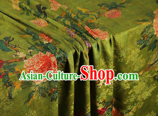 Asian China Classical Peony Pattern Green Silk Fabric Traditional Cheongsam Gambiered Guangdong Gauze Cloth