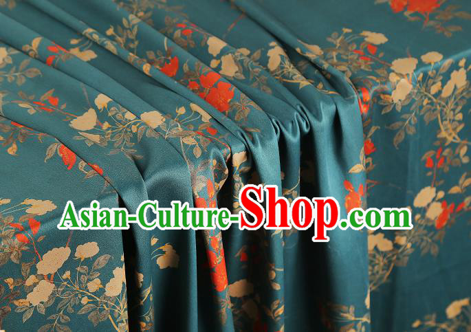 Asian China Traditional Cheongsam Gambiered Guangdong Gauze Cloth Classical Printing Flowers Pattern Lake Blue Silk Fabric