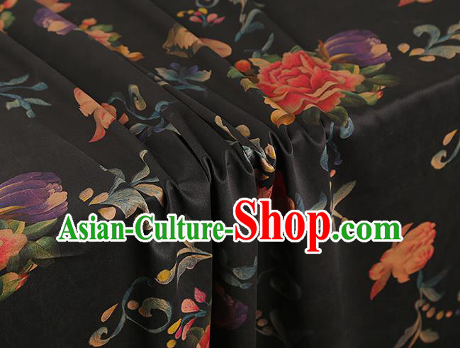 Asian China Classical Peony Pattern Black Silk Fabric Traditional Brocade Cheongsam Gambiered Guangdong Gauze