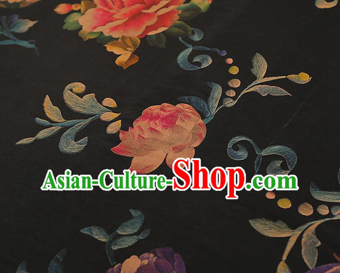 Asian China Classical Peony Pattern Black Silk Fabric Traditional Brocade Cheongsam Gambiered Guangdong Gauze