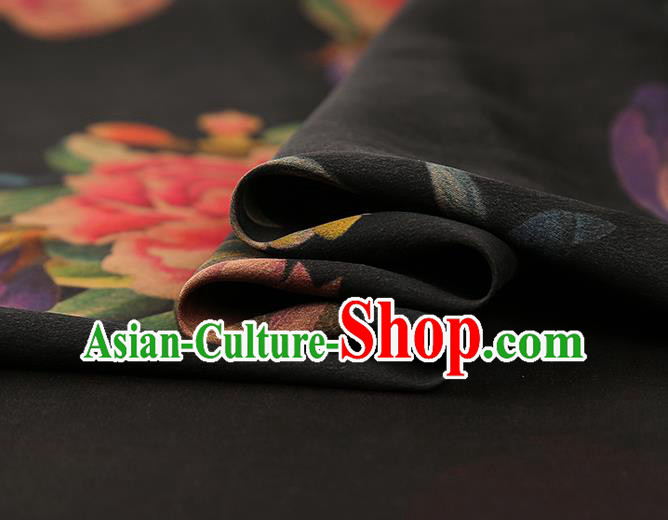Asian China Classical Peony Pattern Black Silk Fabric Traditional Brocade Cheongsam Gambiered Guangdong Gauze