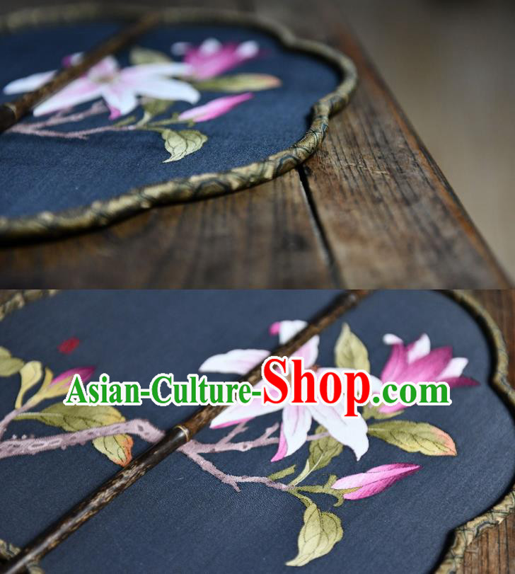 China Classical Dace Fan Chinese Handmade Mangnolia Painting Palace Fan Traditional Navy Silk Fan