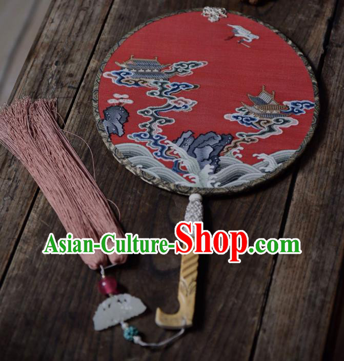 China Red Silk Circular Fan Traditional Qing Dynasty Court Fan Handmade Palace Fan