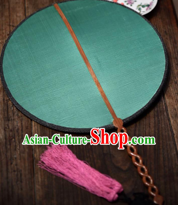 China Green Silk Circular Fan Handmade Palace Fan Traditional Qing Dynasty Court Woman Fan