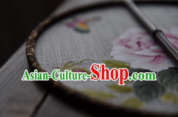 China Silk Fan Handmade Peony Pattern Palace Fan Traditional Ming Dynasty Princess Circular Fan