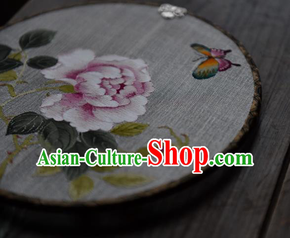China Silk Fan Handmade Peony Pattern Palace Fan Traditional Ming Dynasty Princess Circular Fan