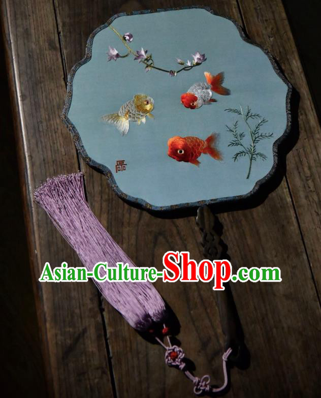 China Handmade Embroidered Goldfish Palace Fan Traditional Blue Silk Fan Ancient Song Dynasty Court Fan