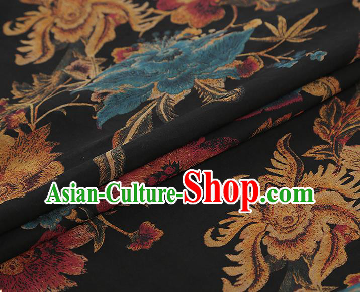 China Classical Qipao Dress Gambiered Guangdong Gauze Traditional Peony Pattern Black Silk Fabric