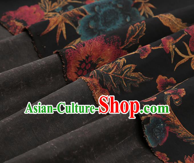 China Classical Qipao Dress Gambiered Guangdong Gauze Traditional Peony Pattern Black Silk Fabric