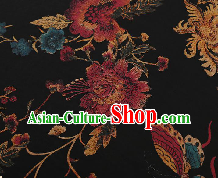 China Classical Qipao Dress Gambiered Guangdong Gauze Traditional Peony Pattern Black Silk Fabric
