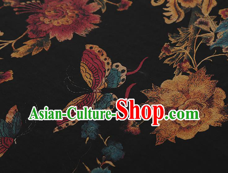 China Classical Qipao Dress Gambiered Guangdong Gauze Traditional Peony Pattern Black Silk Fabric